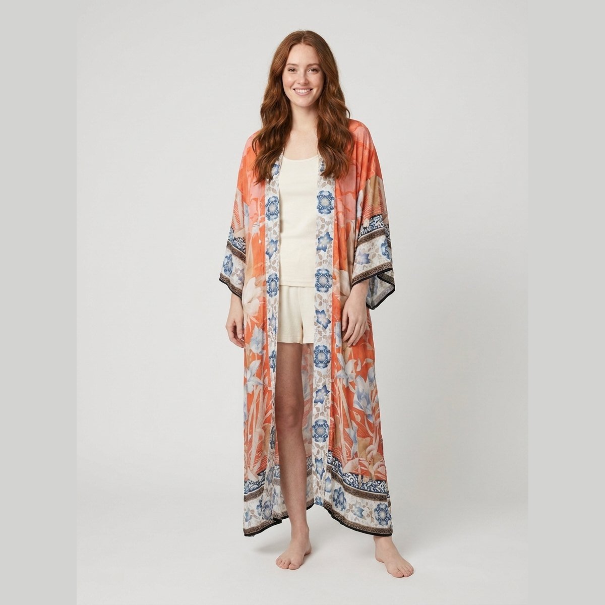 Ivy | Beach Kimono Lightweight Red Floral Print Open Front Design