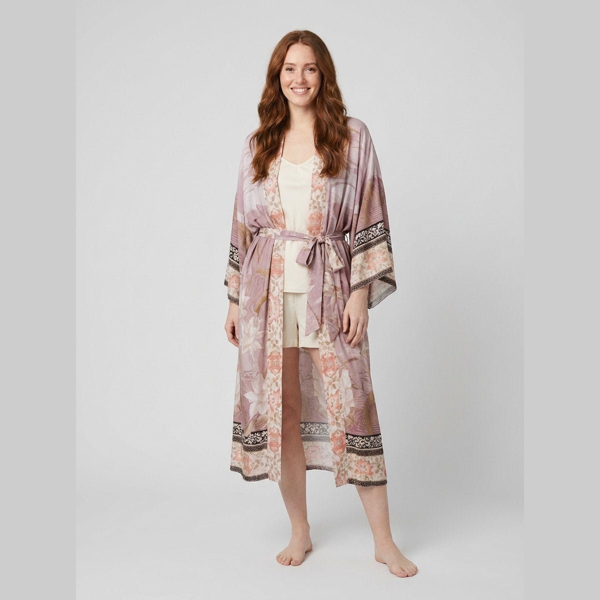 Ivy | Beach Kimono Lightweight Red Floral Print Open Front Design
