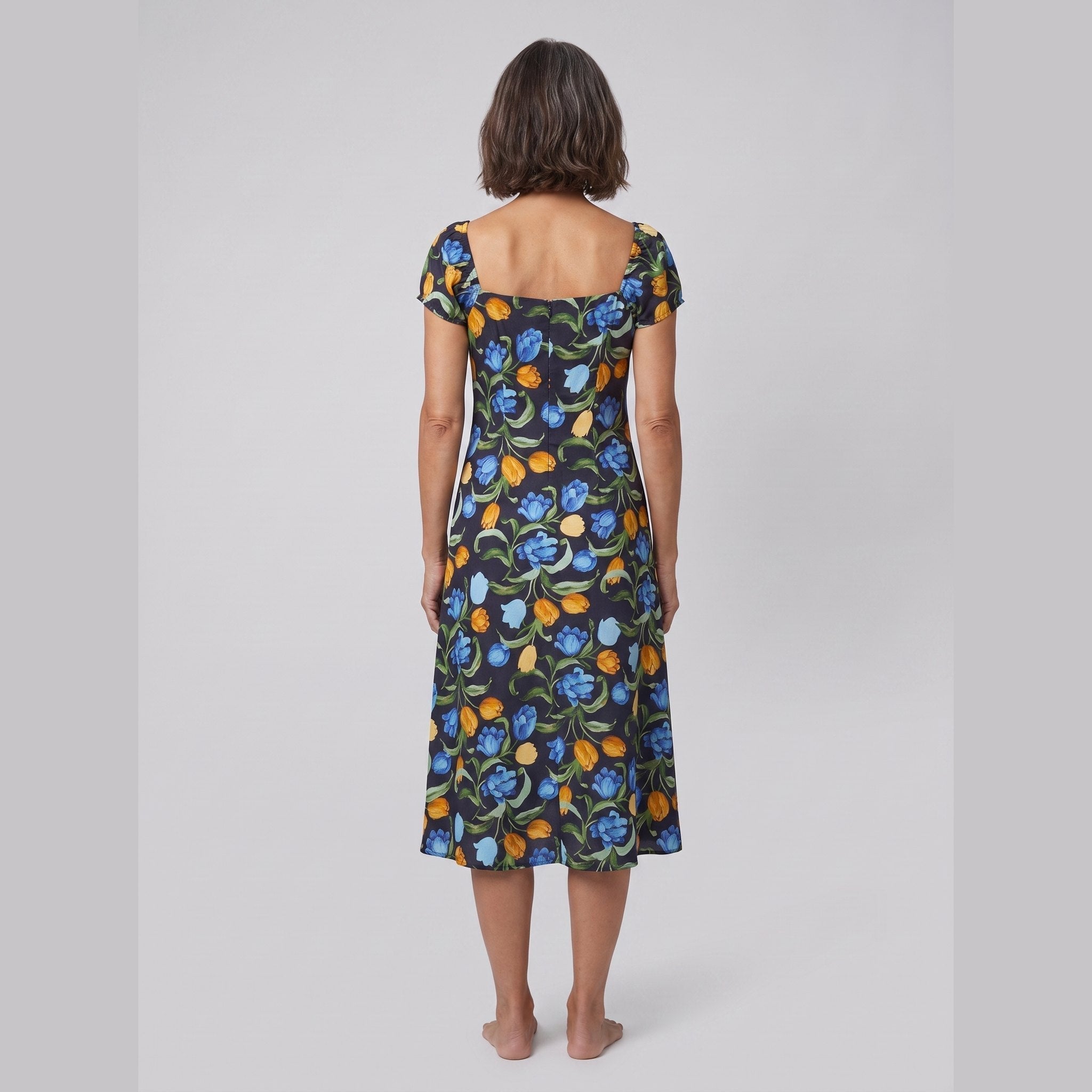 Ivy Black Dress | Floral Print, Midi Length, Square Neckline