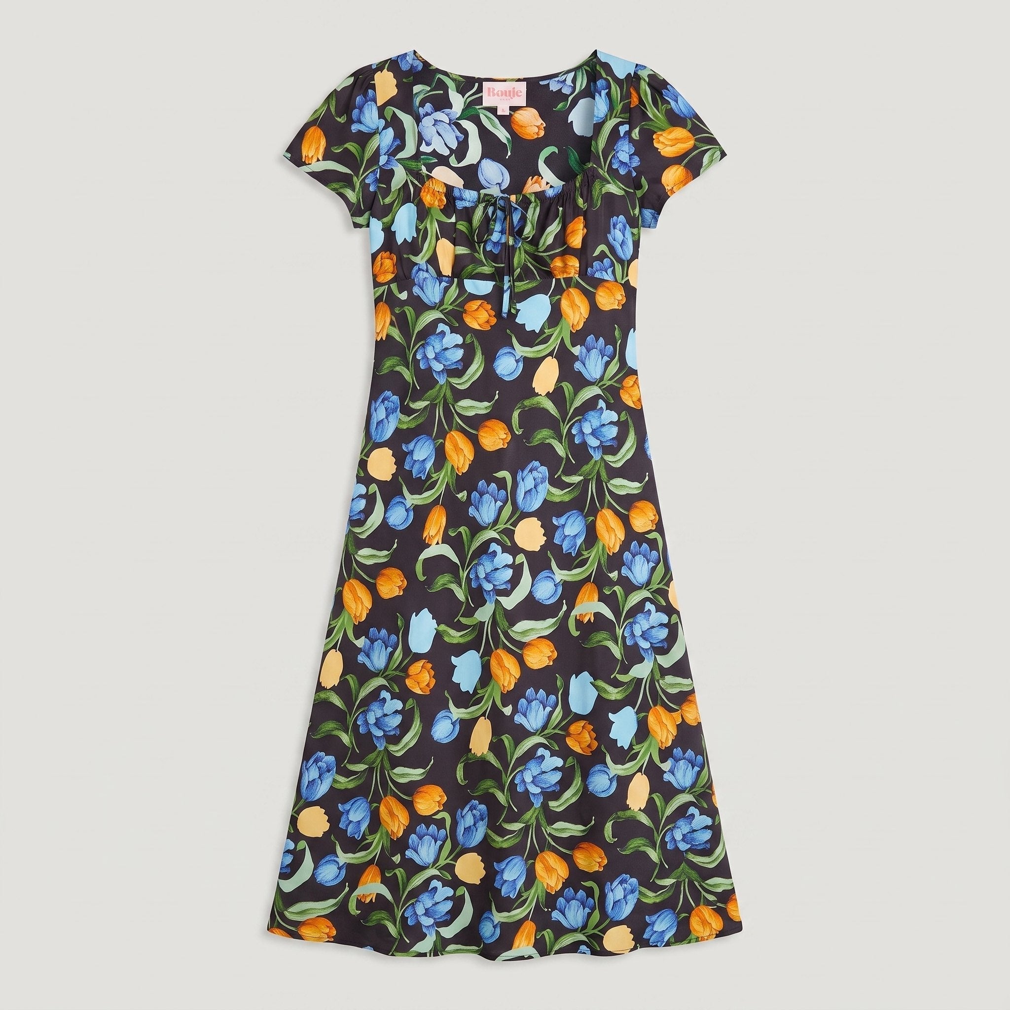 Ivy Black Dress | Floral Print, Midi Length, Square Neckline