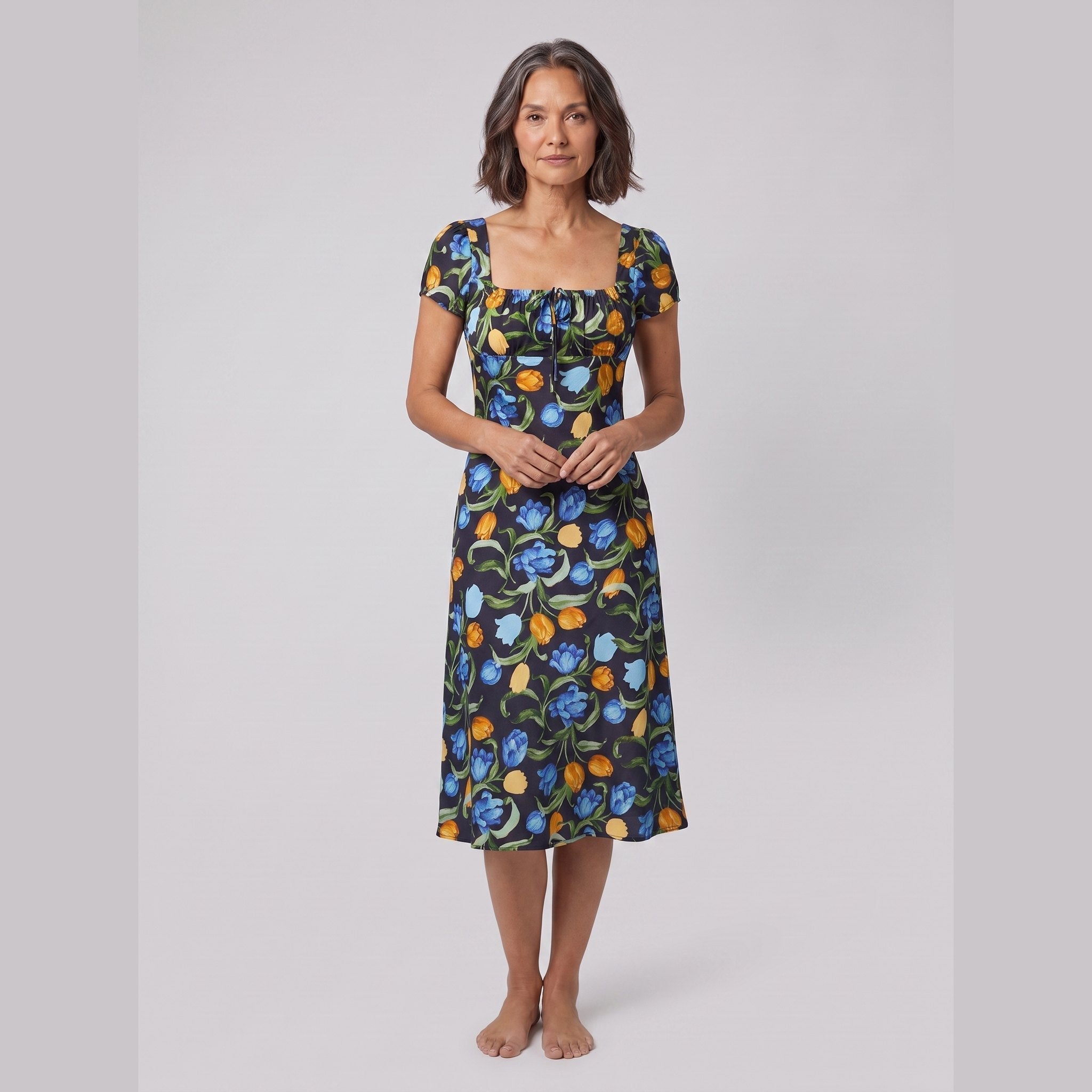 Ivy Black Dress | Floral Print, Midi Length, Square Neckline