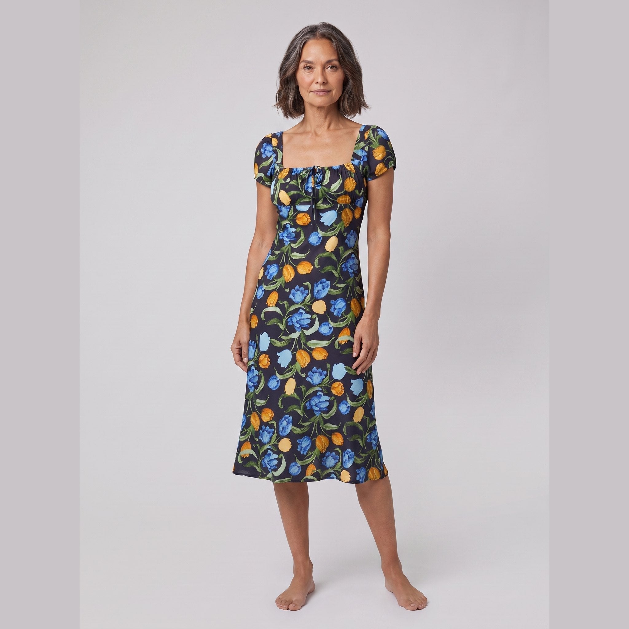 Ivy Black Dress | Floral Print, Midi Length, Square Neckline