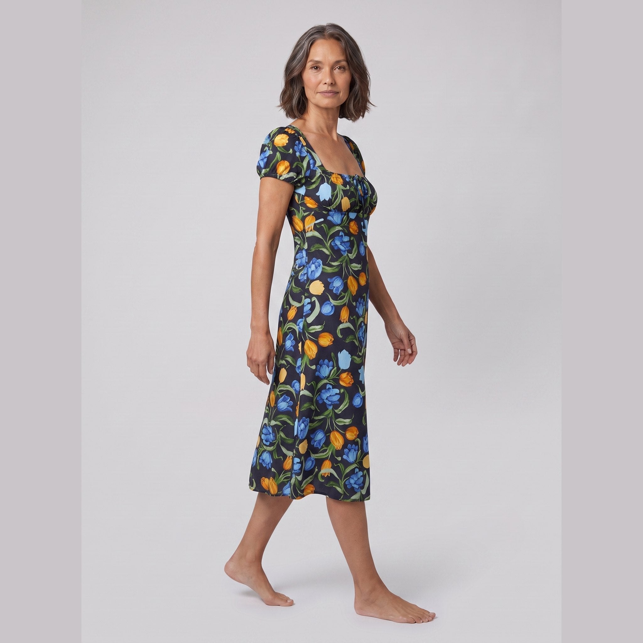 Ivy Black Dress | Floral Print, Midi Length, Square Neckline
