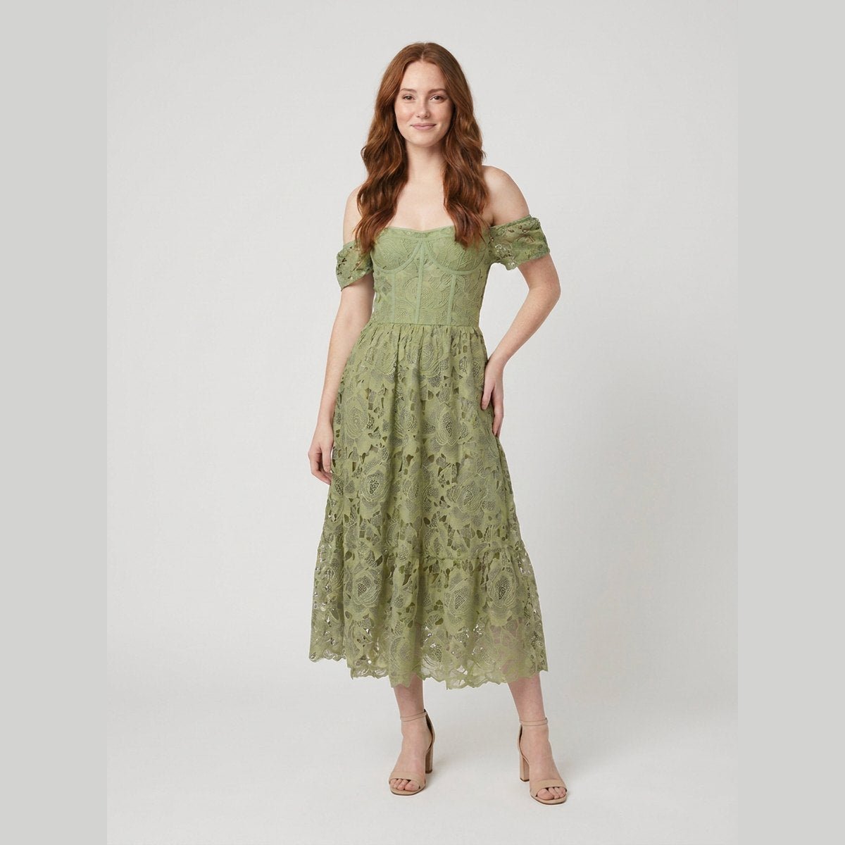 Ivy | Floral Midi Dress Lace Embroidered, Off the Shoulder Summer Wedding Guest Dress