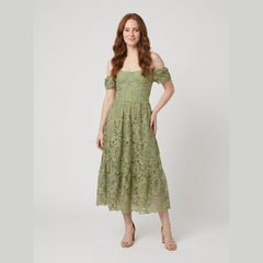 Ivy | Floral Midi Dress Lace Embroidered, Off the Shoulder Summer Wedding Guest Dress