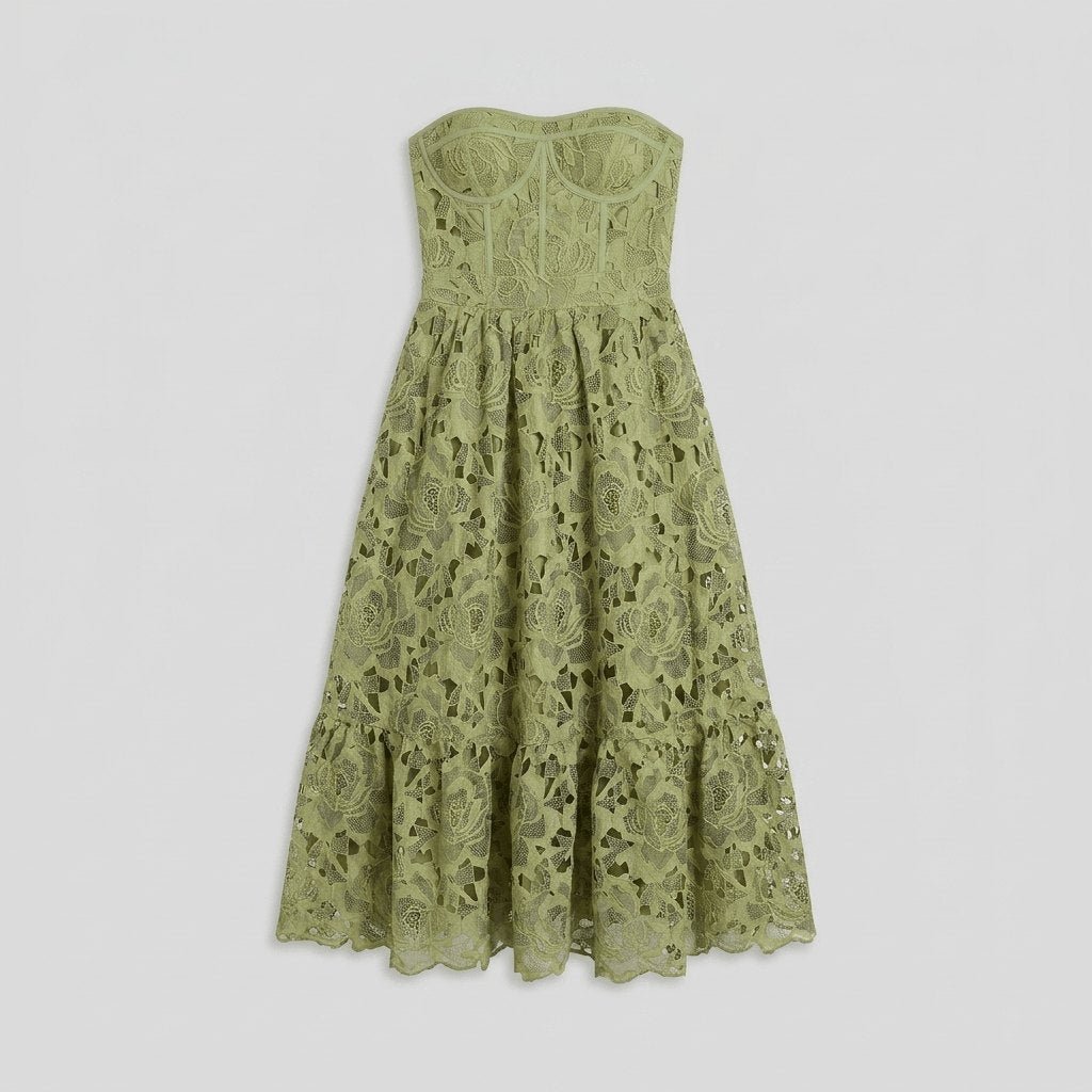 Ivy | Floral Midi Dress Lace Embroidered, Off the Shoulder Summer Wedding Guest Dress