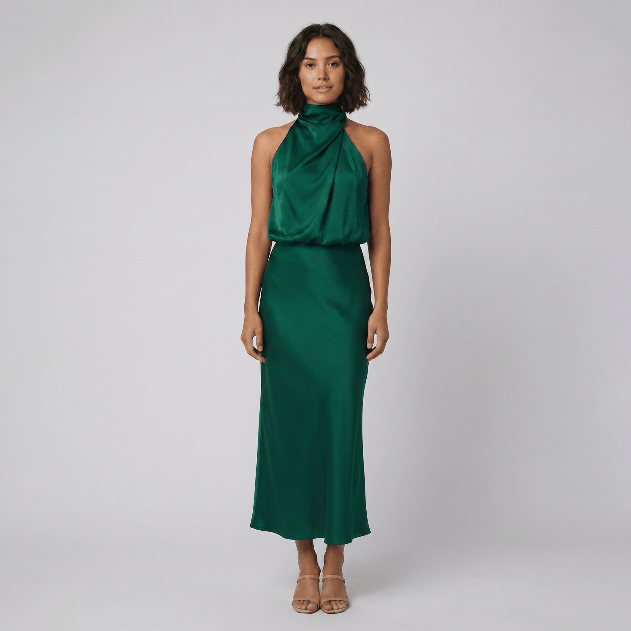 Ivy Long Satin Dress | Elegant Halter Neckline for Weddings and Formal Events