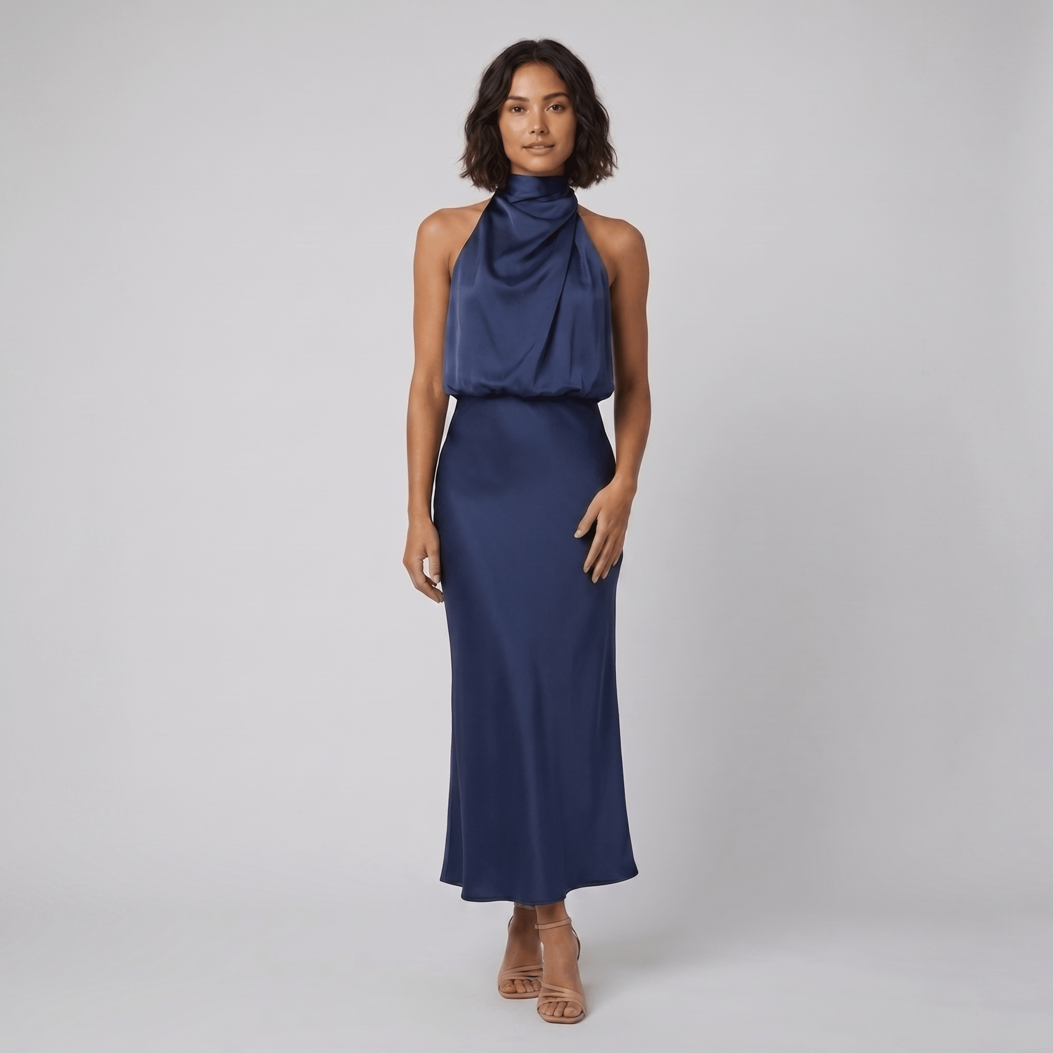 Ivy Long Satin Dress | Elegant Halter Neckline for Weddings and Formal Events