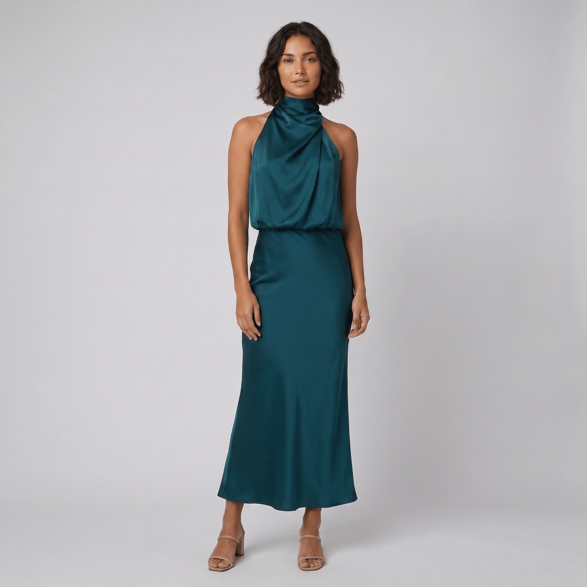Ivy Long Satin Dress | Elegant Halter Neckline for Weddings and Formal Events