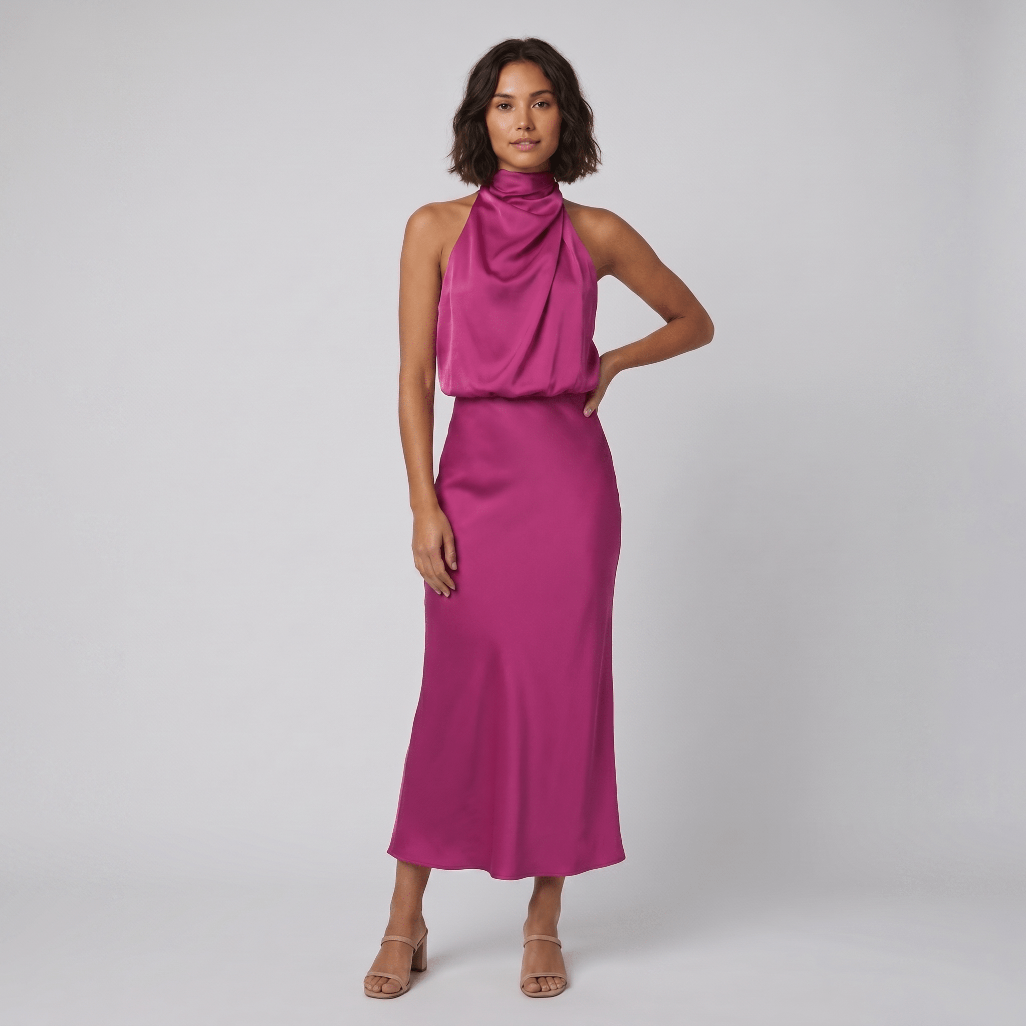 Ivy Long Satin Dress | Elegant Halter Neckline for Weddings and Formal Events