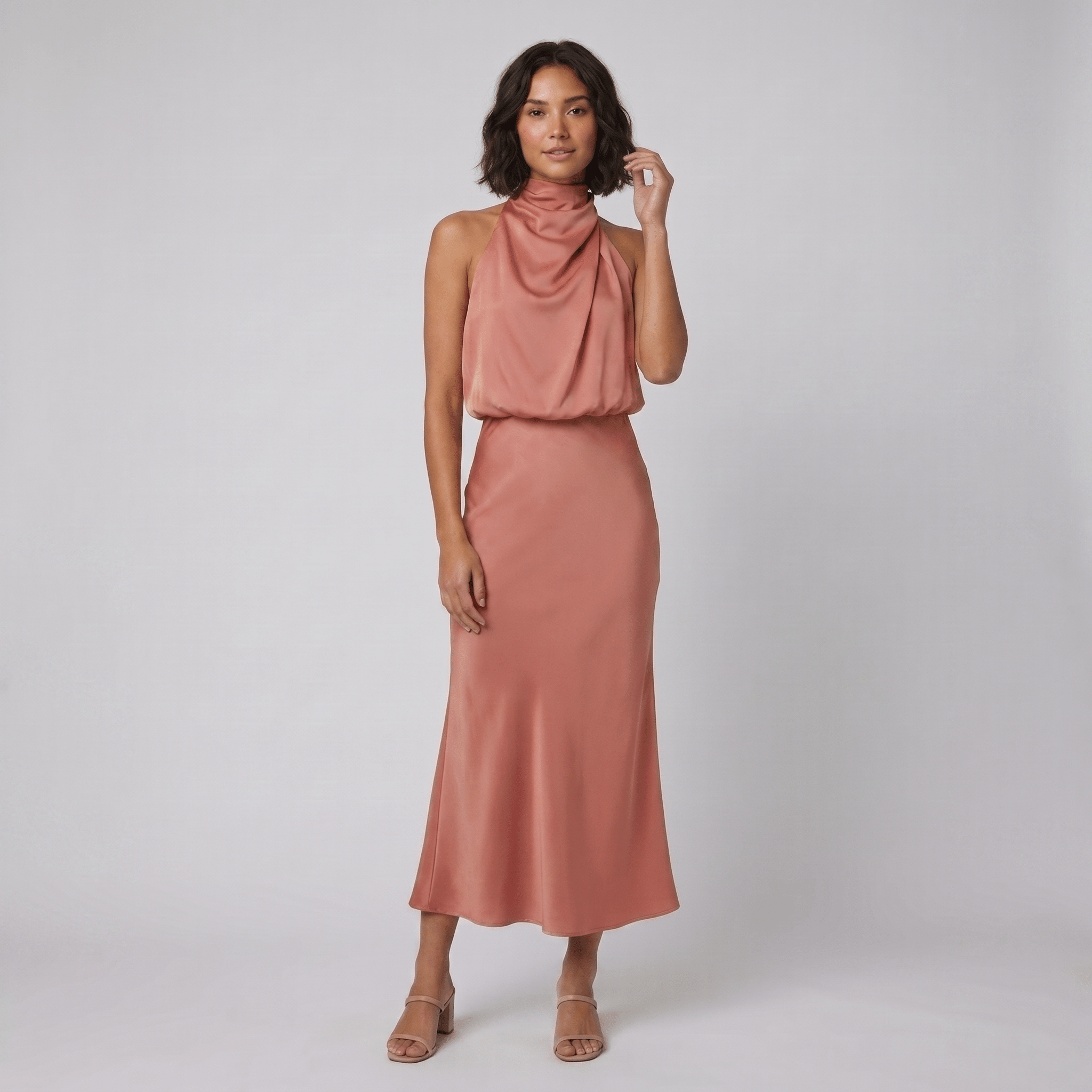Ivy Long Satin Dress | Elegant Halter Neckline for Weddings and Formal Events