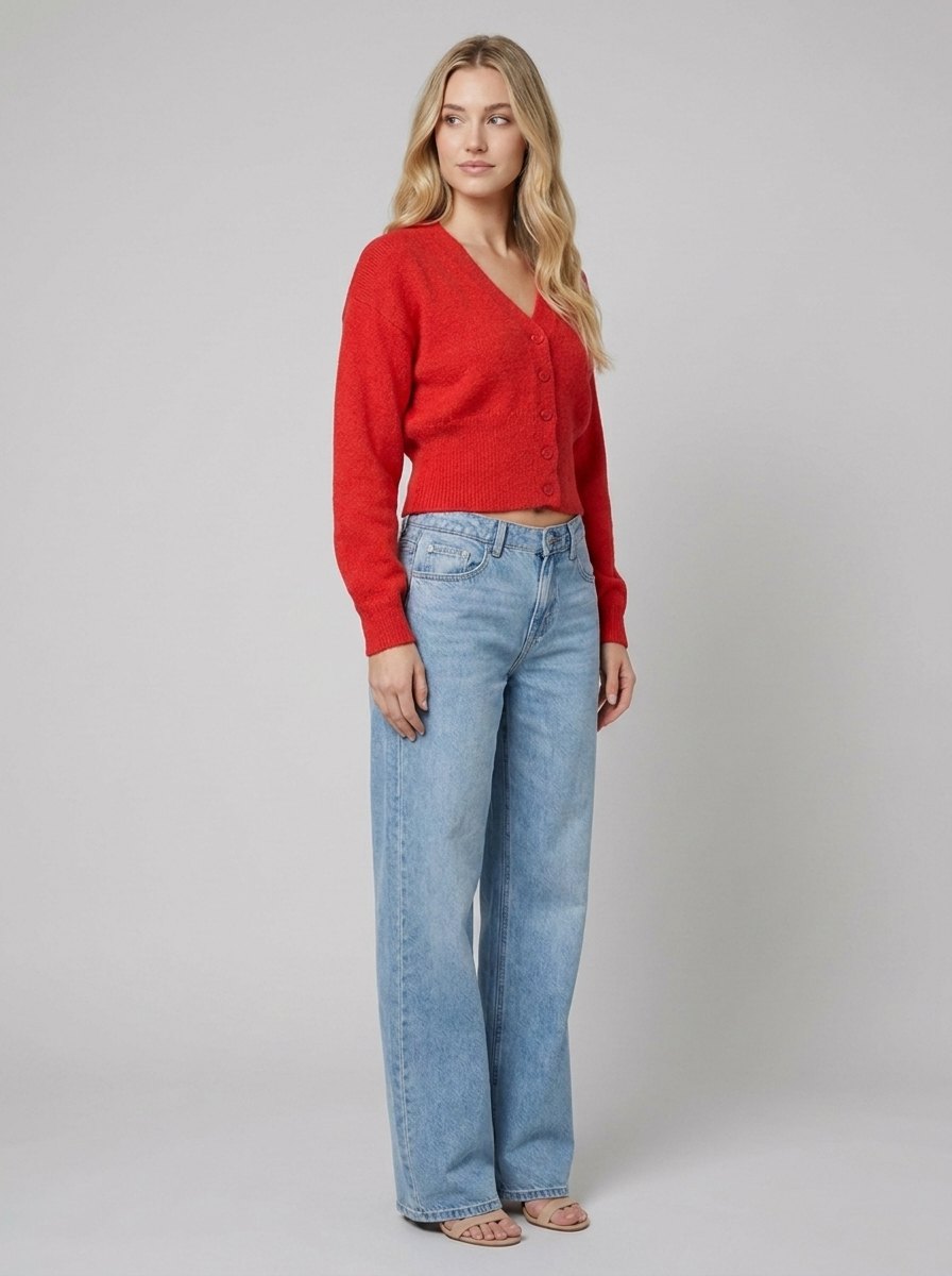 Jara Oversized Cardigan | Red Knit, Button Front V-Neck