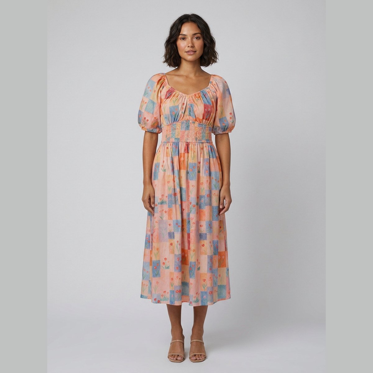 Kara | Garden Dress Floral Midi Dress with Puff Sleeves for Women
