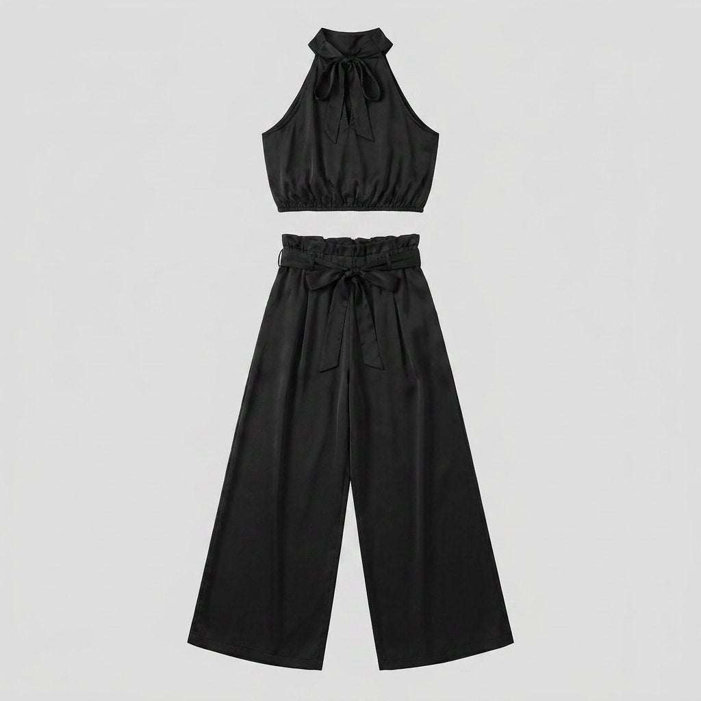 Kara | Women's Set Rayon Halter Crop Top & High Waist Wide Pants