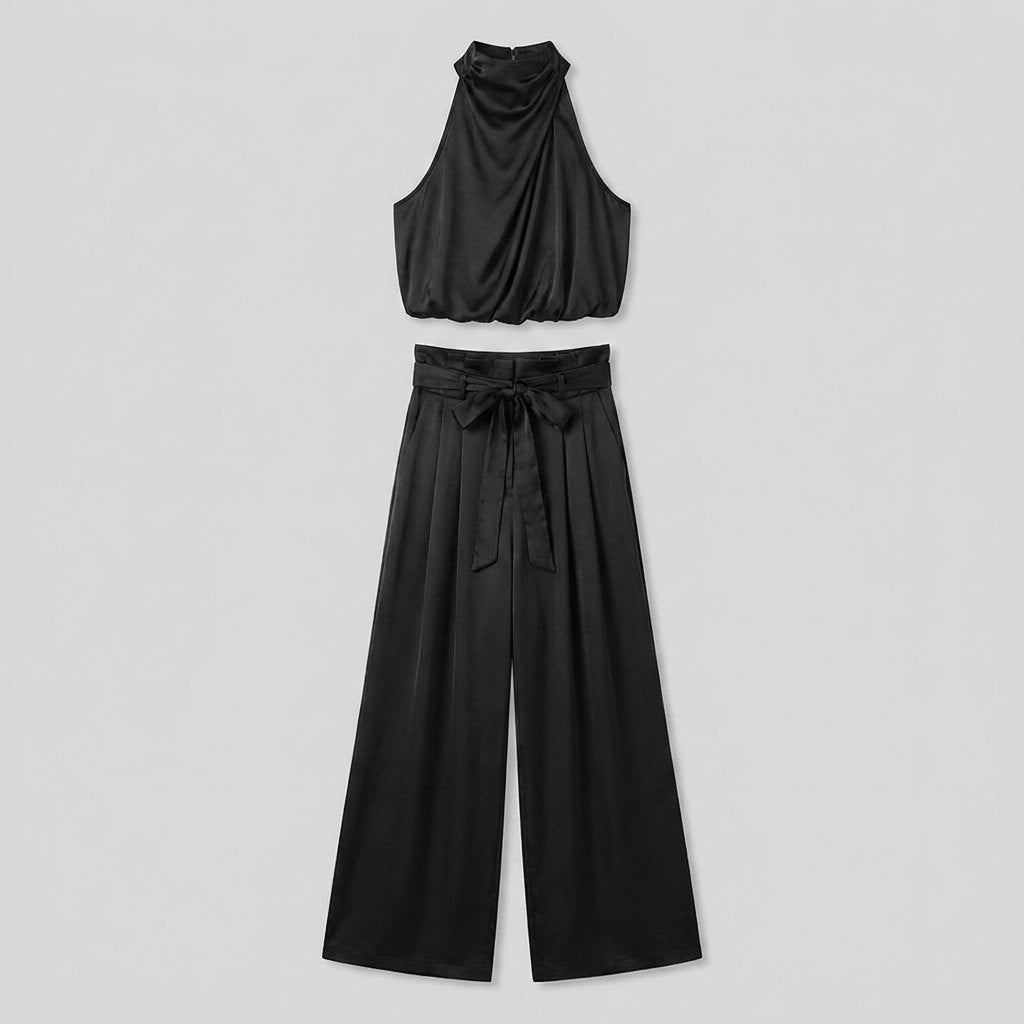 Kara | Women's Set Rayon Halter Crop Top & High Waist Wide Pants
