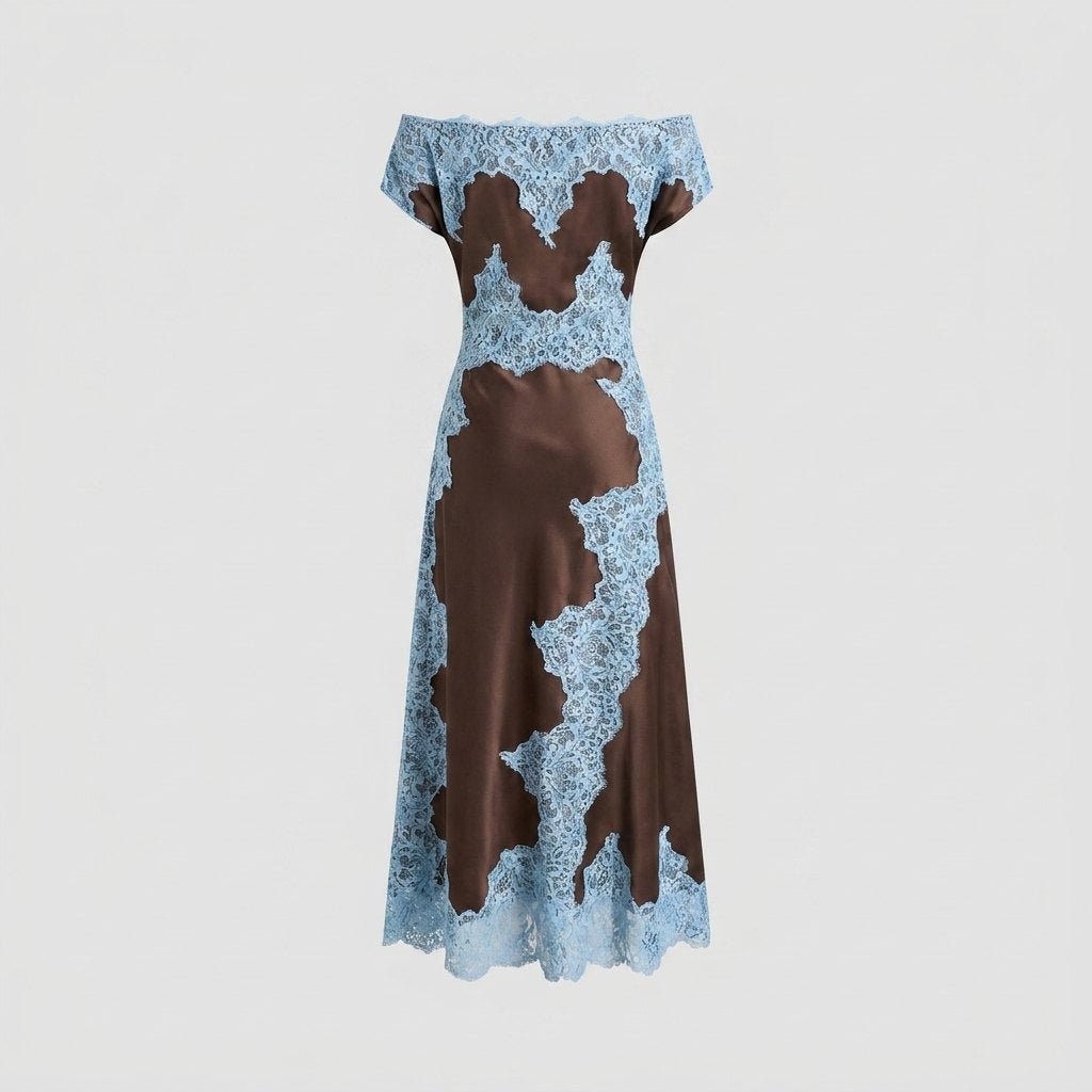 Lace | Satin Maxi Dress Asymmetrical Neckline, Elegant Wedding Guest Dress