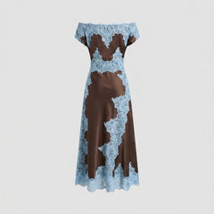 Lace | Satin Maxi Dress Asymmetrical Neckline, Elegant Wedding Guest Dress