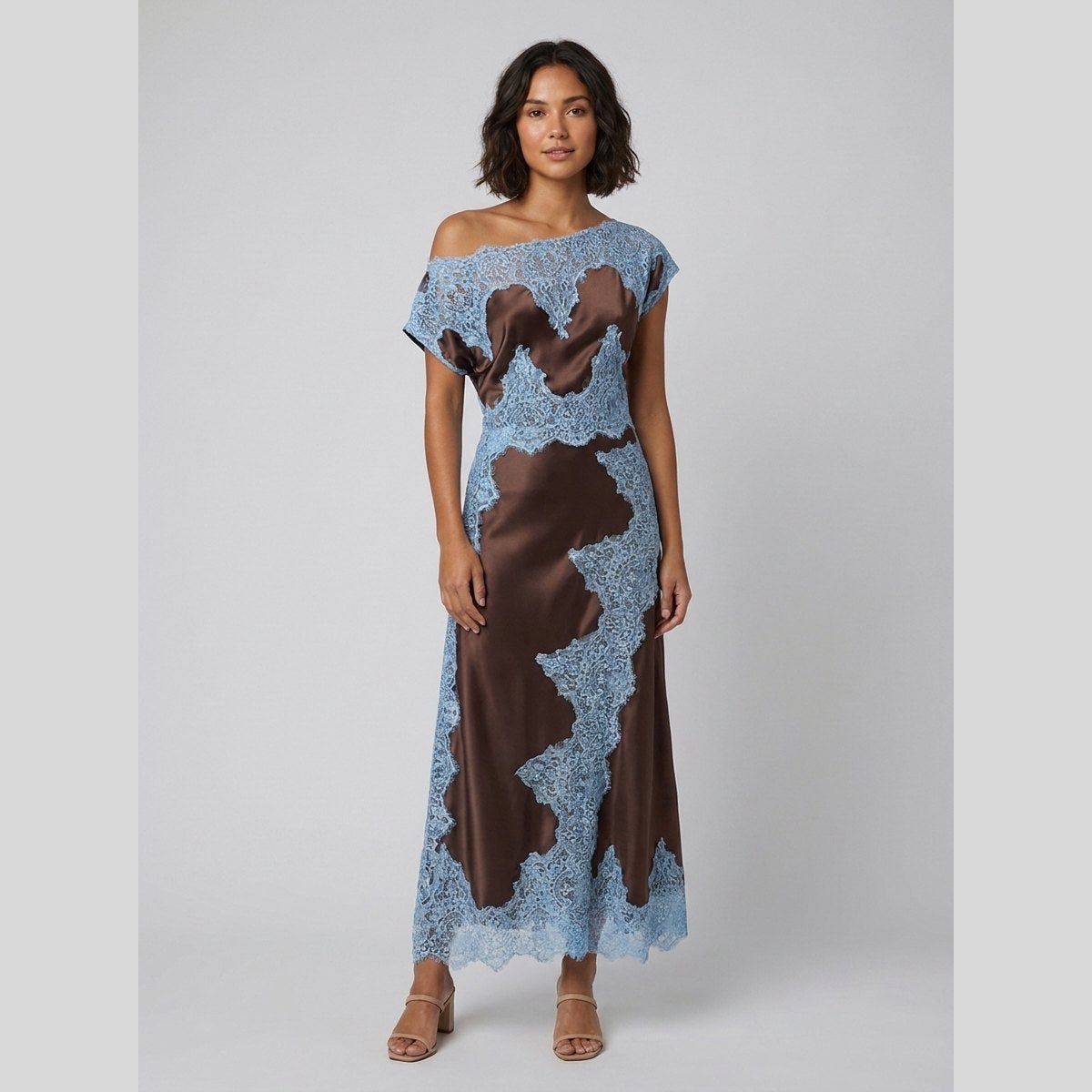 Lace | Satin Maxi Dress Asymmetrical Neckline, Elegant Wedding Guest Dress