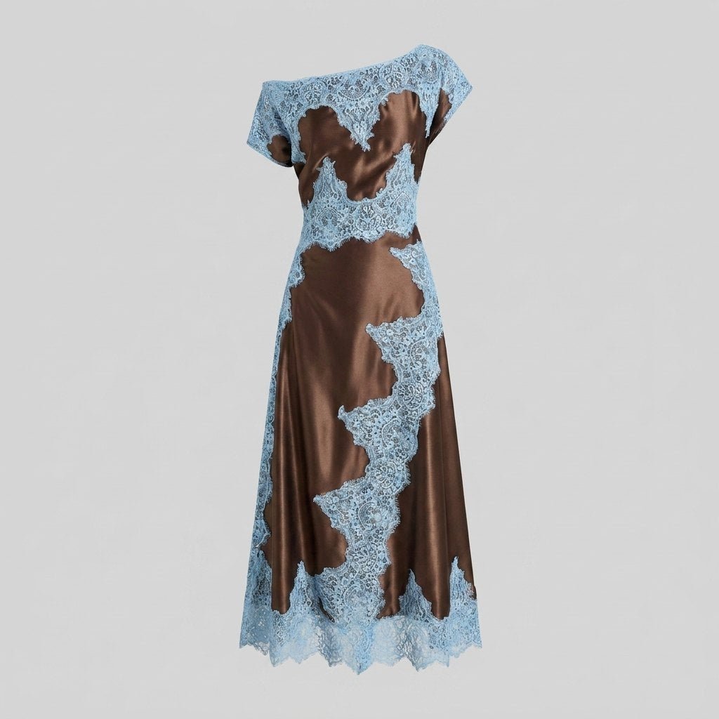 Lace | Satin Maxi Dress Asymmetrical Neckline, Elegant Wedding Guest Dress