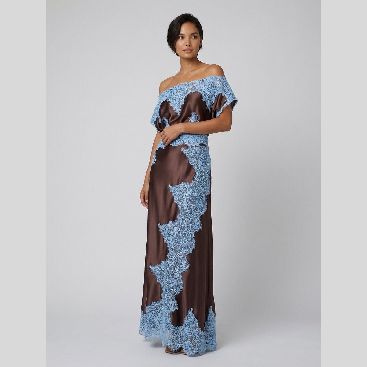 Lace | Satin Maxi Dress Asymmetrical Neckline, Elegant Wedding Guest Dress