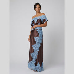 Lace | Satin Maxi Dress Asymmetrical Neckline, Elegant Wedding Guest Dress