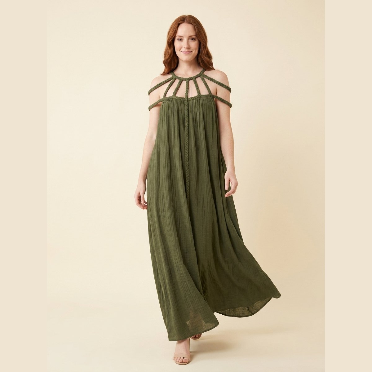 Lina | Maxi Dress Linen Blend, Draped Braids, Ankle-Length