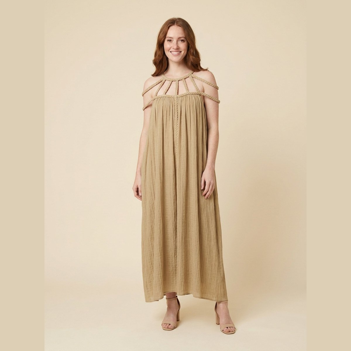 Lina | Maxi Dress Linen Blend, Draped Braids, Ankle-Length