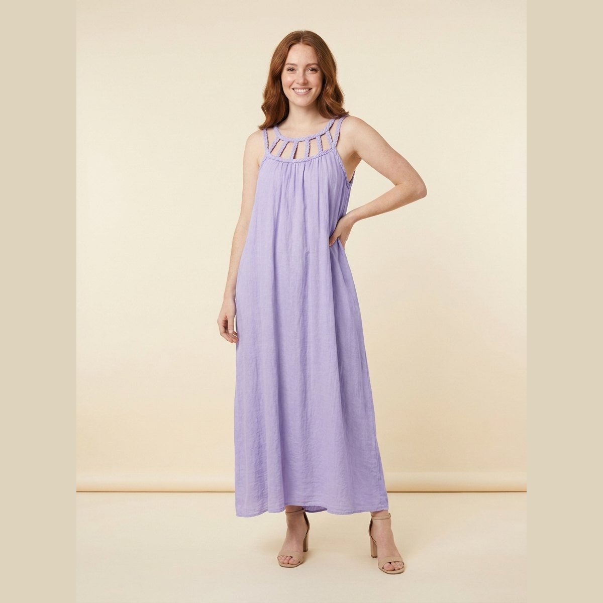 Lina | Maxi Dress Linen Blend, Draped Braids, Ankle-Length