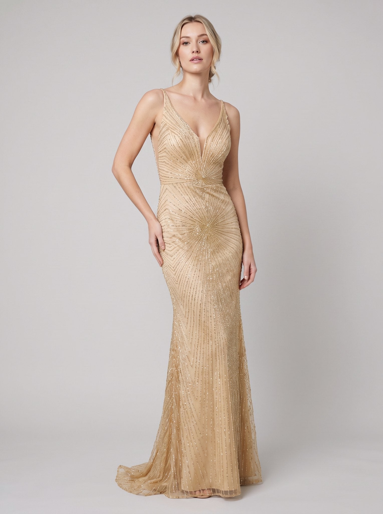 Liora Evening Gown | Beaded Champagne, Plus Size Fit-and-Flare