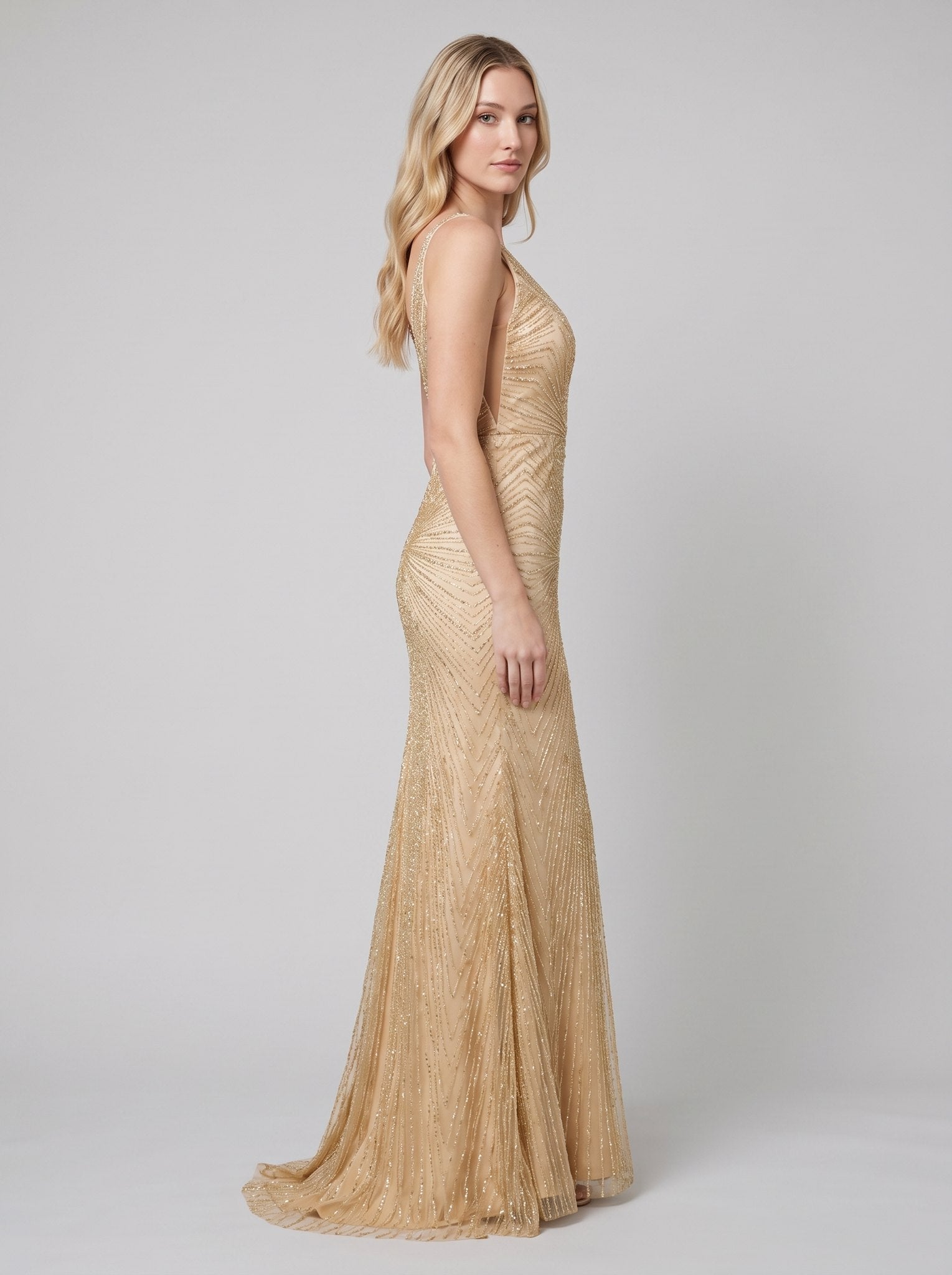 Liora Evening Gown | Beaded Champagne, Plus Size Fit-and-Flare