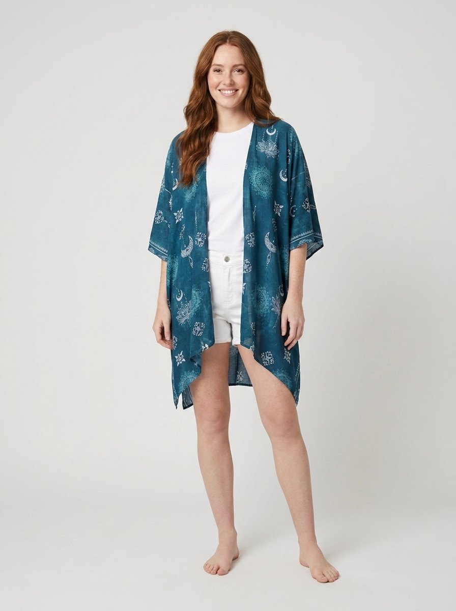 Luna Beach Kimono | Cotton Rayon Blend, One Size, Celestial Print