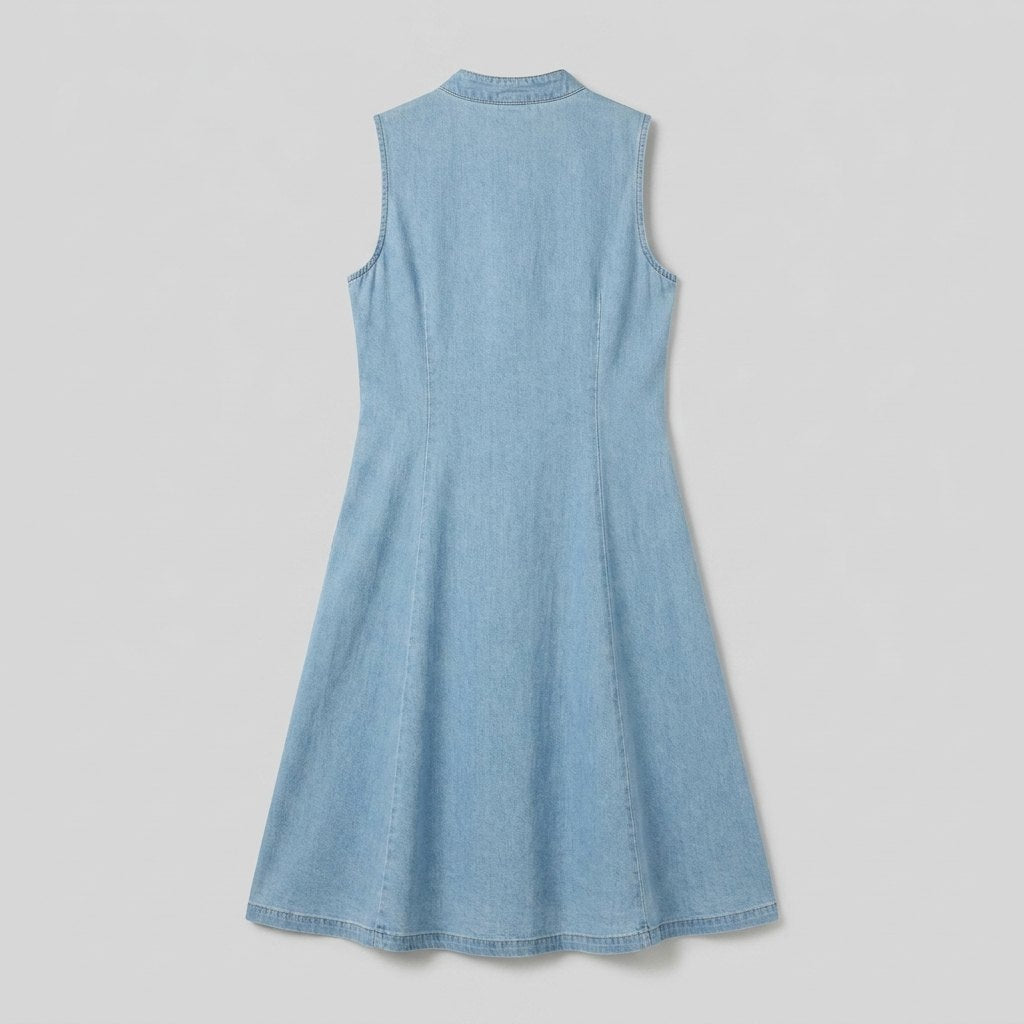 Luna | Denim Dress Sleeveless A-Line Midi, Gold Button Placket