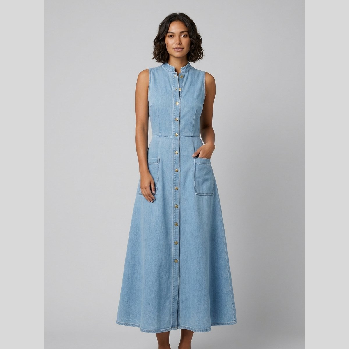 Luna | Denim Dress Sleeveless A-Line Midi, Gold Button Placket