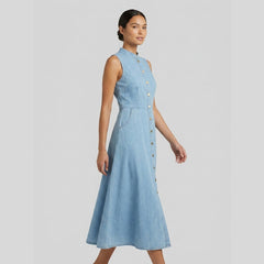 Luna | Denim Dress Sleeveless A-Line Midi, Gold Button Placket