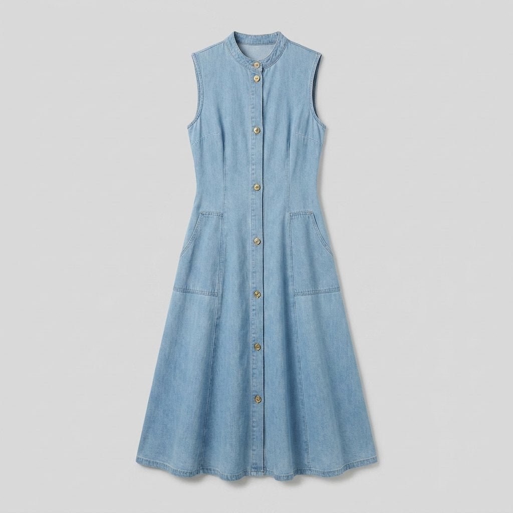 Luna | Denim Dress Sleeveless A-Line Midi, Gold Button Placket