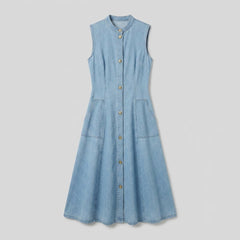 Luna | Denim Dress Sleeveless A-Line Midi, Gold Button Placket