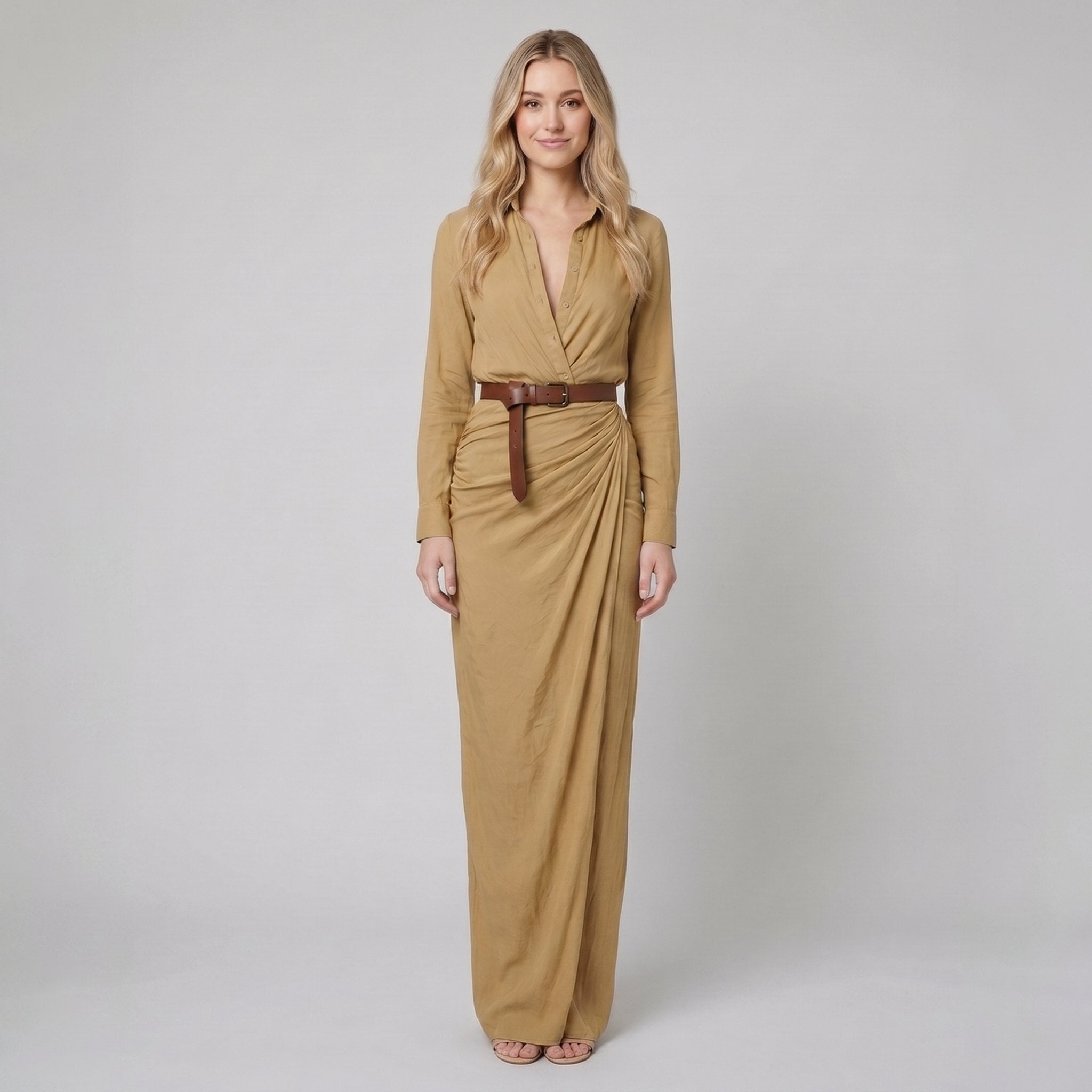 Luna | Long Sleeve Maxi Dress Lapel Collar, Belted Elegance