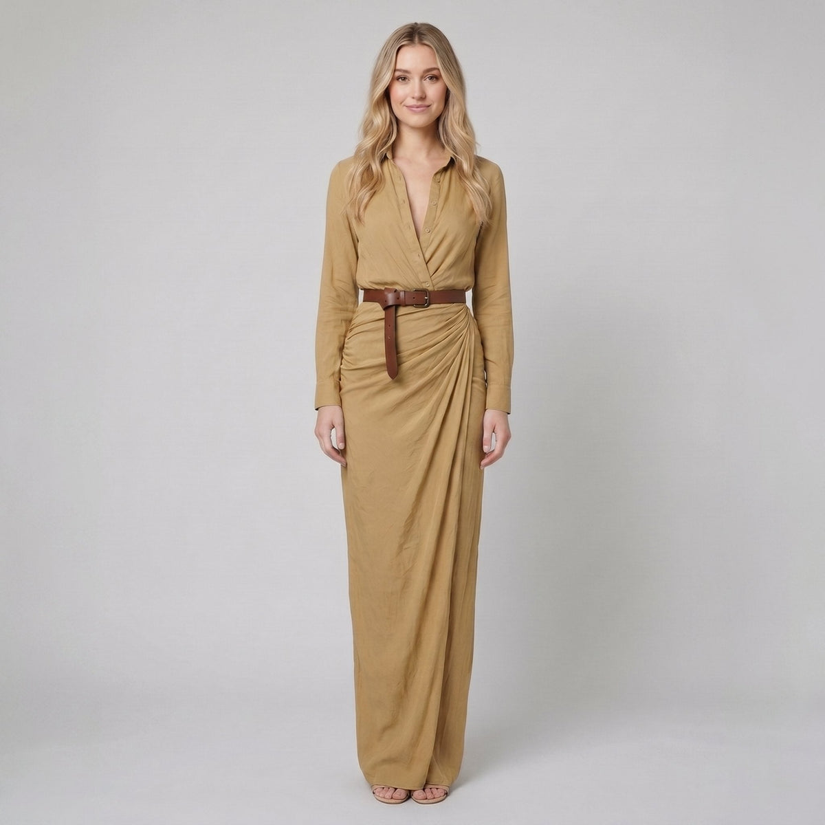 Luna | Long Sleeve Maxi Dress Lapel Collar, Belted Elegance