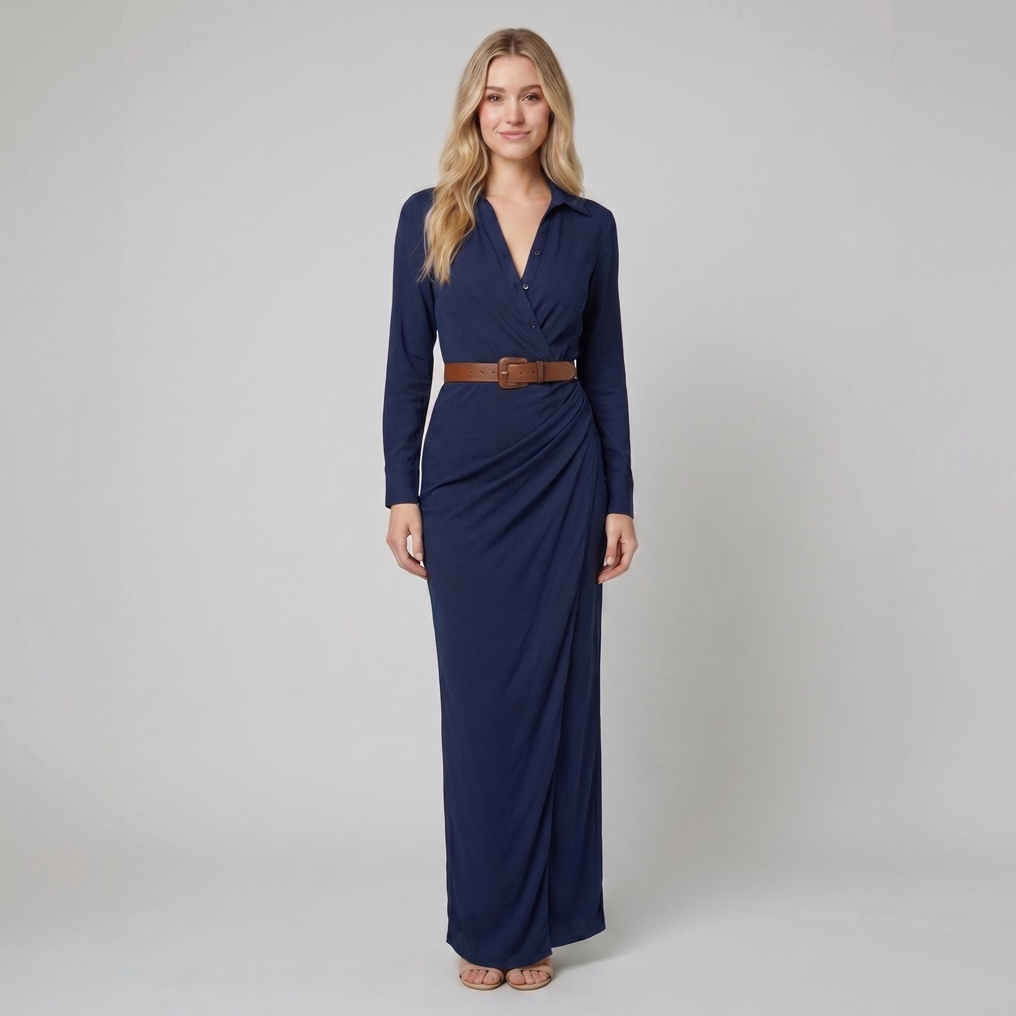 Luna | Long Sleeve Maxi Dress Lapel Collar, Belted Elegance