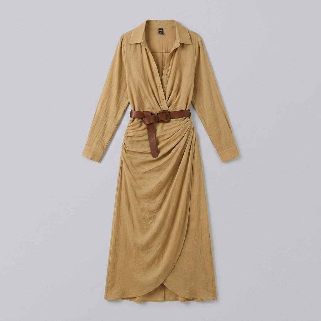 Luna | Long Sleeve Maxi Dress Lapel Collar, Belted Elegance