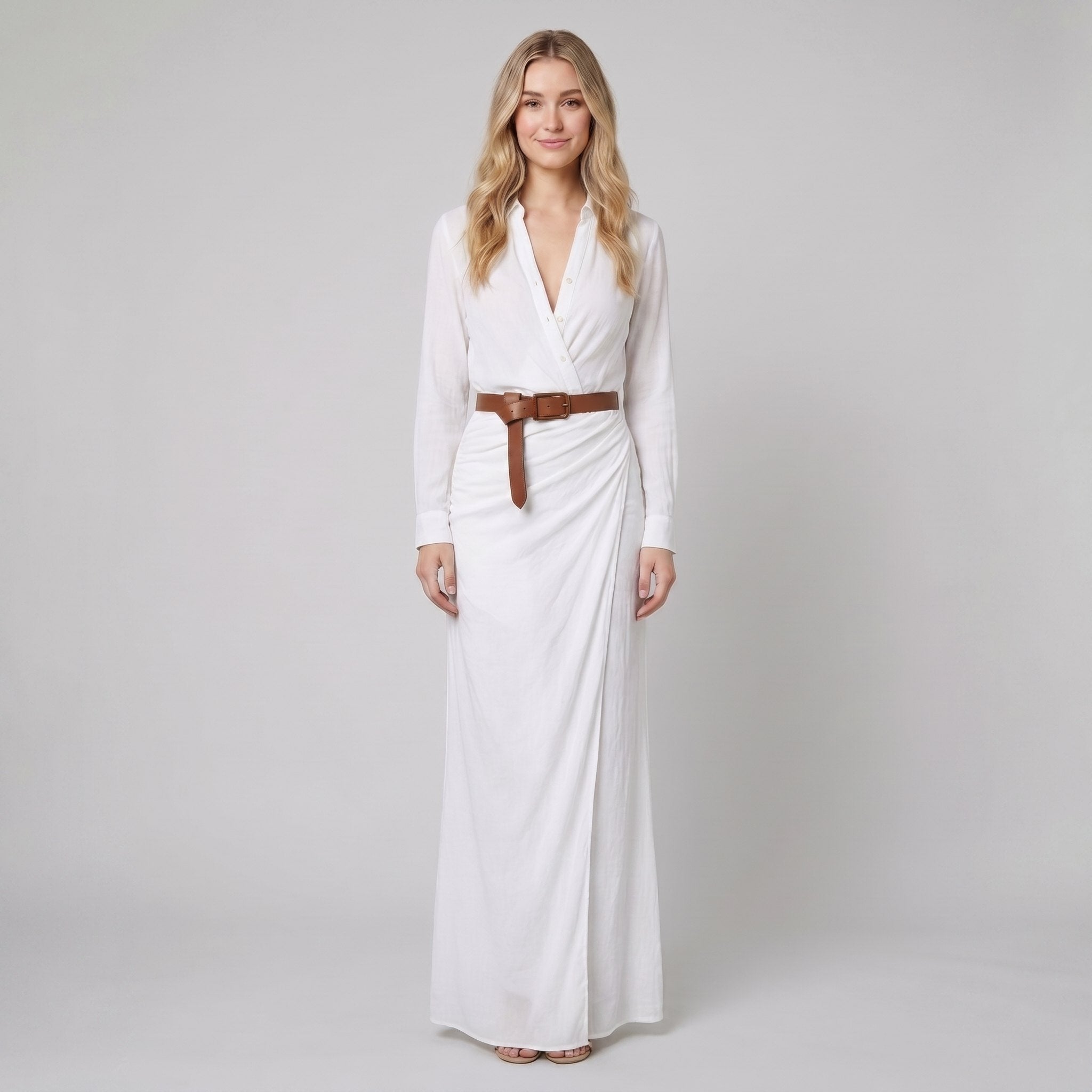 Luna | Long Sleeve Maxi Dress Lapel Collar, Belted Elegance