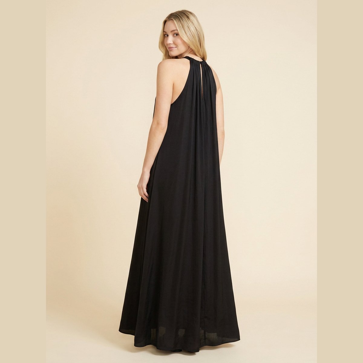 Luna | Maxi Dress Silk Effect, Halter Neck, Flounce Trim