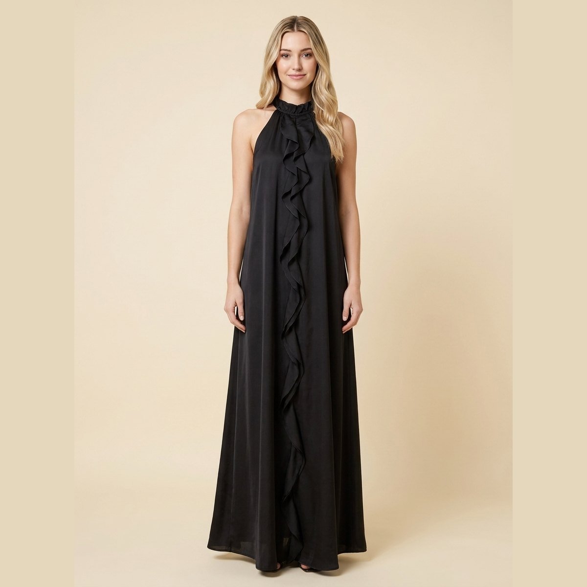 Luna | Maxi Dress Silk Effect, Halter Neck, Flounce Trim
