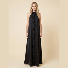 Luna | Maxi Dress Silk Effect, Halter Neck, Flounce Trim