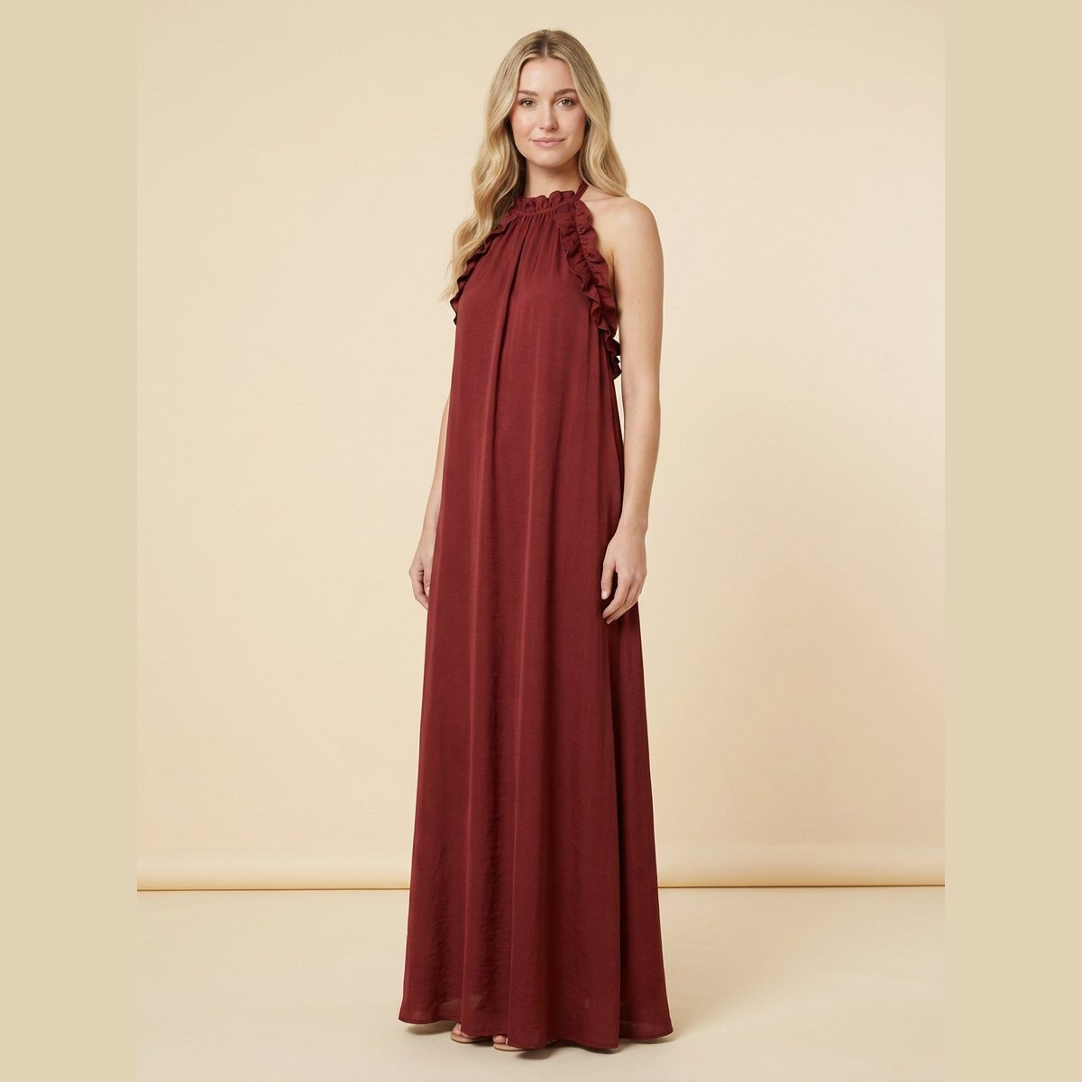 Luna | Maxi Dress Silk Effect, Halter Neck, Flounce Trim