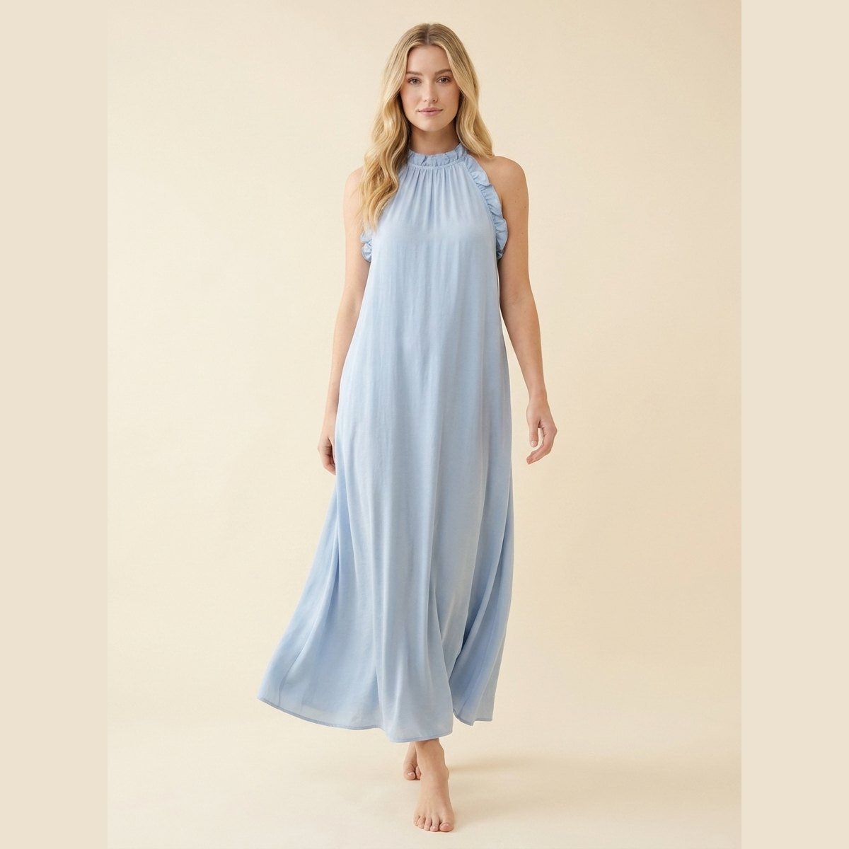 Luna | Maxi Dress Silk Effect, Halter Neck, Flounce Trim