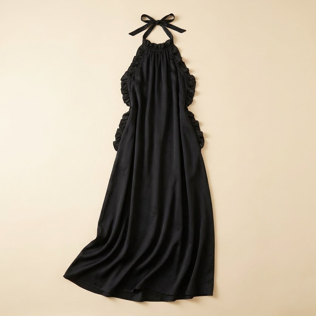 Luna | Maxi Dress Silk Effect, Halter Neck, Flounce Trim