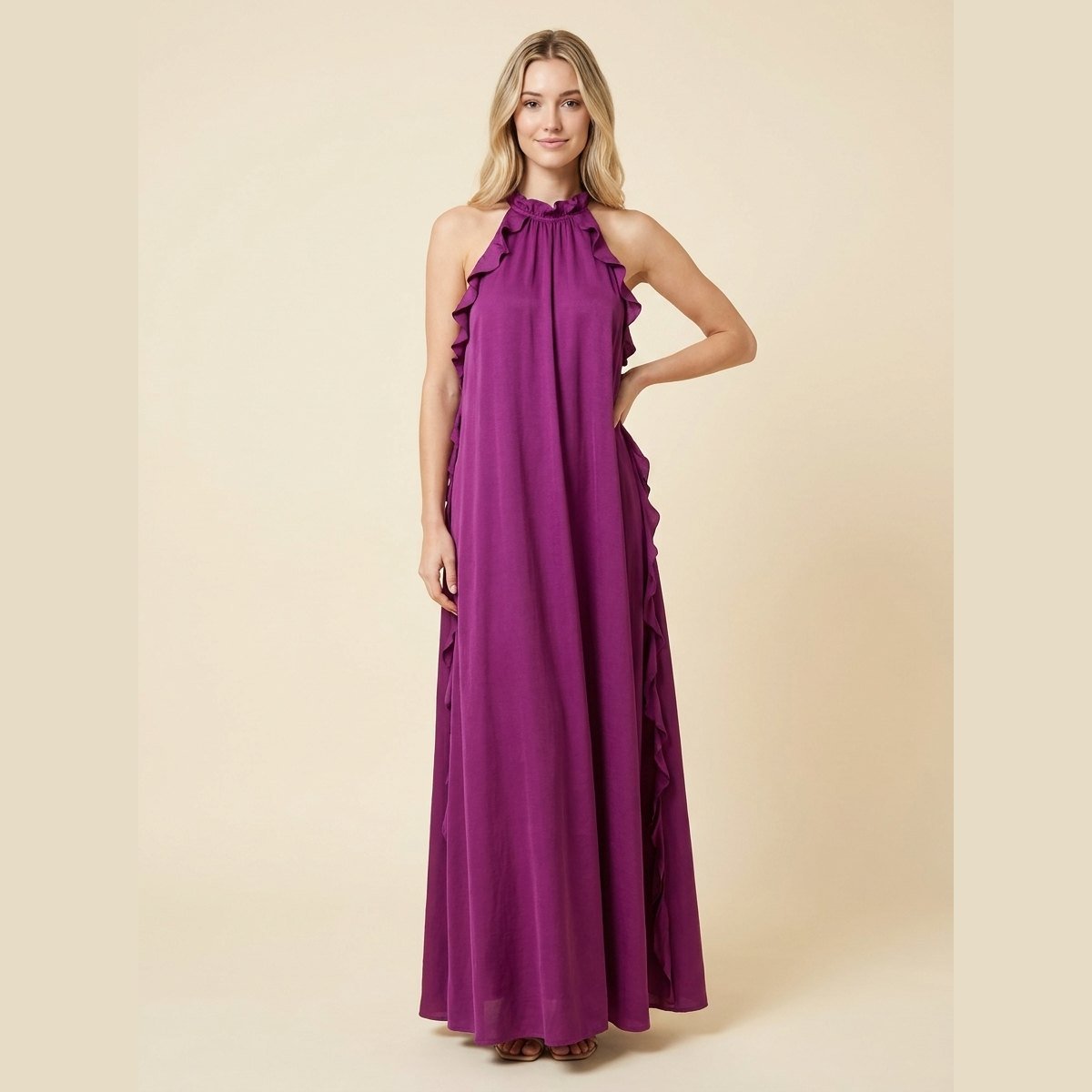 Luna | Maxi Dress Silk Effect, Halter Neck, Flounce Trim