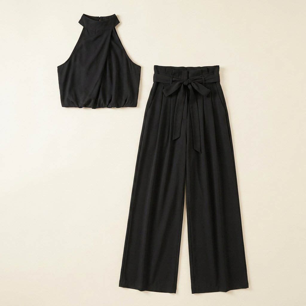 Luxe Co Ord Set Women | Elegant Cotton Blend, Halter Crop Top & High Waist Pants
