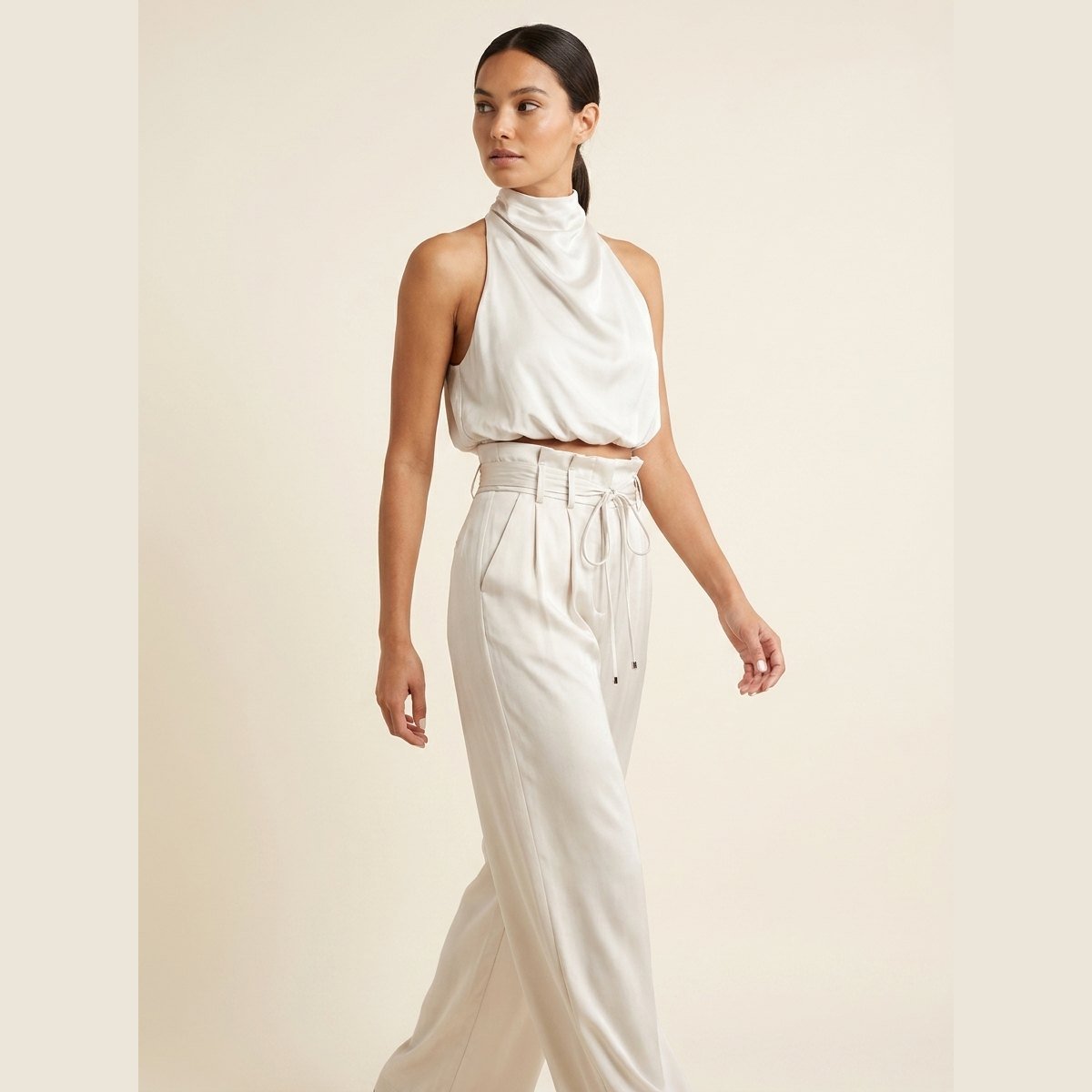Luxe Co Ord Set Women | Elegant Cotton Blend, Halter Crop Top & High Waist Pants